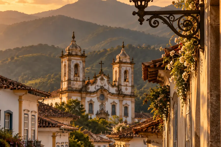 Igreja e casario histórico de Ouro Preto ao entardecer