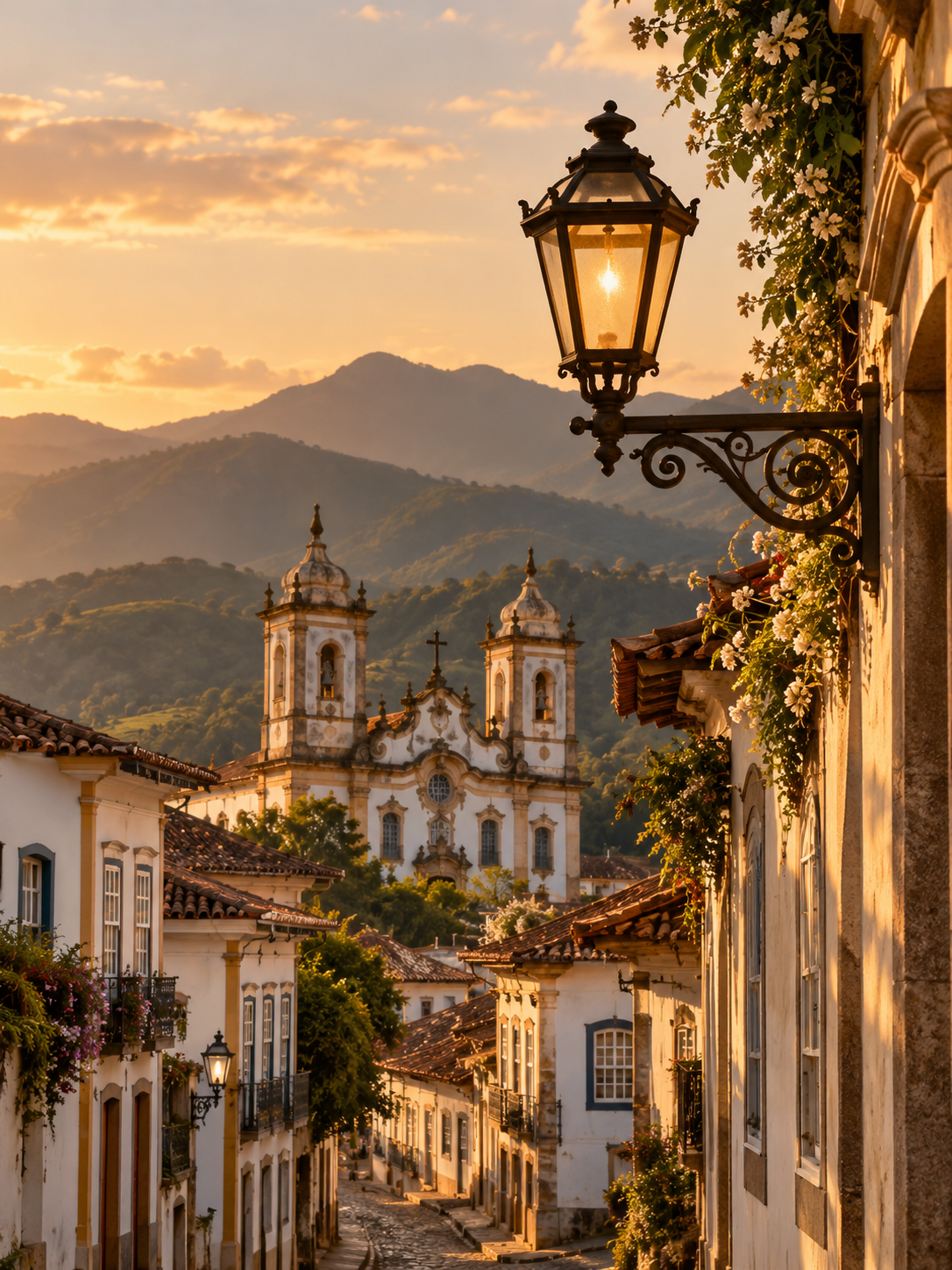 Rua histórica de Ouro Preto ao entardecer